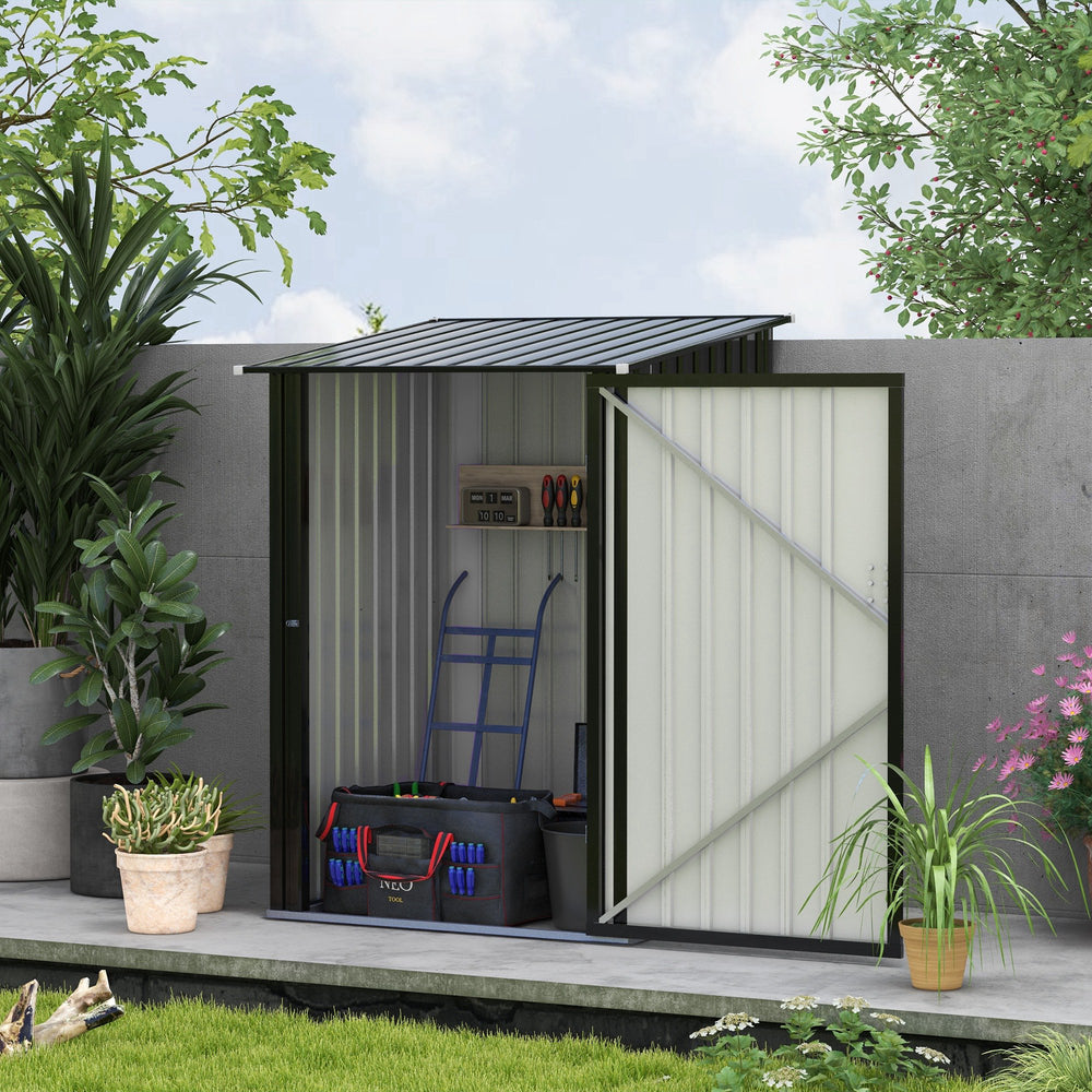 Galvanized steel garden shed with lockable door, dark grey