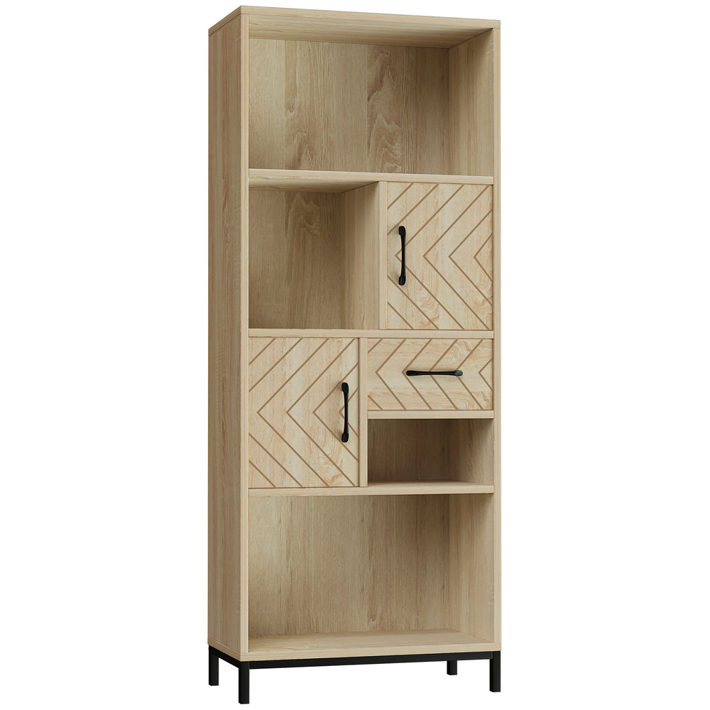 Bookcase with cabinets, drawers and open compartments, natural wood
