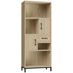 Bookcase with cabinets, drawers and open compartments, natural wood