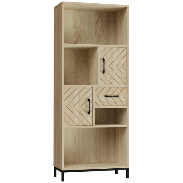 Bookcase with cabinets, drawers and open compartments, natural wood
