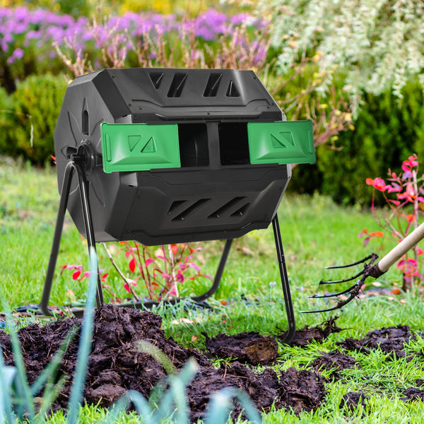 Outdoor Rotating Composter, Dual Compartment, 360°, 43 Gallon, Green