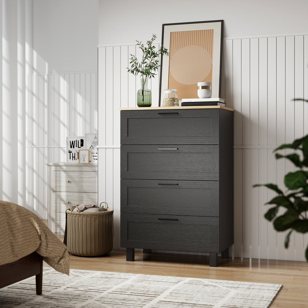 Chest of drawers with 4 drawers, solid wood legs, black.