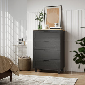 Chest of drawers with 4 drawers, solid wood legs, black.