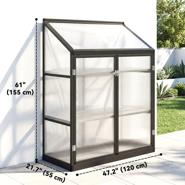 Polycarbonate garden greenhouse with shelves, black 