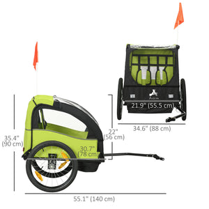 2-seater bicycle trailer with 5-point harness, 20-inch wheels, green