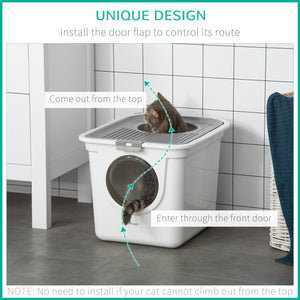 Enclosed litter box with front entrance, top exit and scoop, white