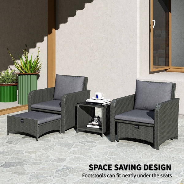 5 Piece Rattan Furniture Set with Two-Tier Coffee Table and Ottomans, Grey