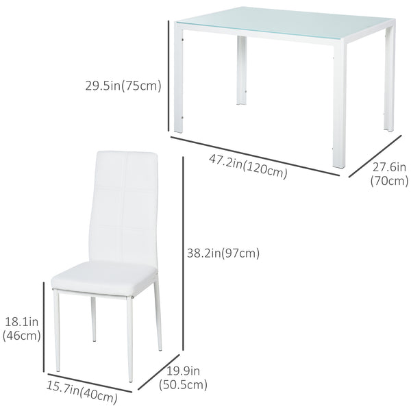 Rectangular 5-piece kitchen set with glass table and chairs, faux leather upholstery, white.