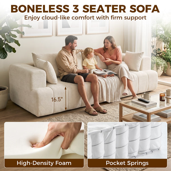 Cloud Chenille Boneless Sofa with Thickened Spring Cushion, Wide and Deep Seat, Wide Armrests, Beige