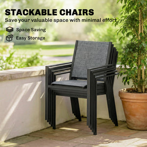 6-Seater Outdoor Dining Set, Metal Wood-Look Patio Table and Stackable Chairs, Black