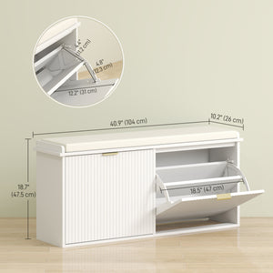 Hallway bench with upholstered seat and drop-down drawers, white