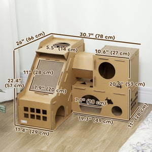 Multi-level corrugated cardboard cat house with scratching posts