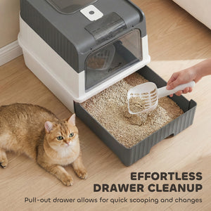 Enclosed litter box with drawer and top entry, grey