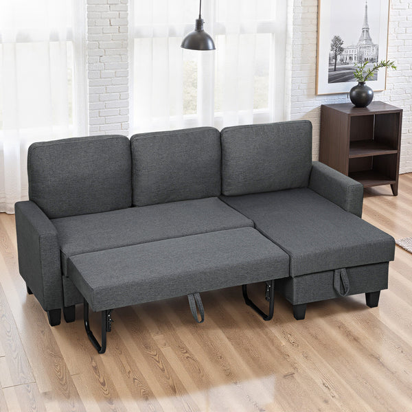 L-shaped sofa bed with pull-out trundle, reversible chaise with storage, wide and deep seating, charcoal grey