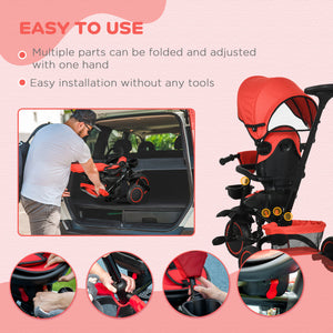 6-in-1 Folding Tricycle with Adjustable Seat, Safety Harness, Removable Canopy, Red