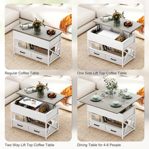 Lift-top coffee table with double adjustable surface, hidden storage, and 2 drawers – White and cement gray