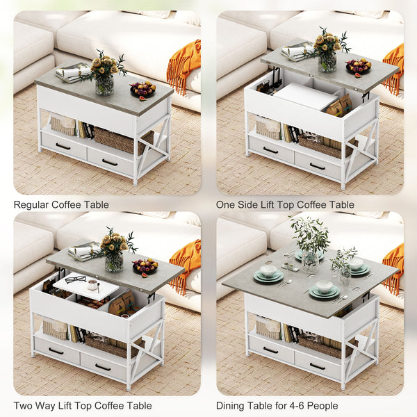 Lift-top coffee table with double adjustable surface, hidden storage, and 2 drawers – White and cement gray