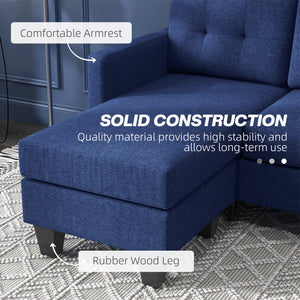 3-seater L-shaped corner sofa with ottoman, thick cushion and wooden legs, dark blue