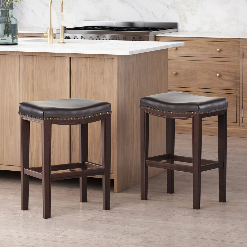 Set of 2 contemporary studded bar stools, rubberwood saddle seat, brown