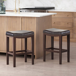 Set of 2 contemporary studded bar stools, rubberwood saddle seat, brown