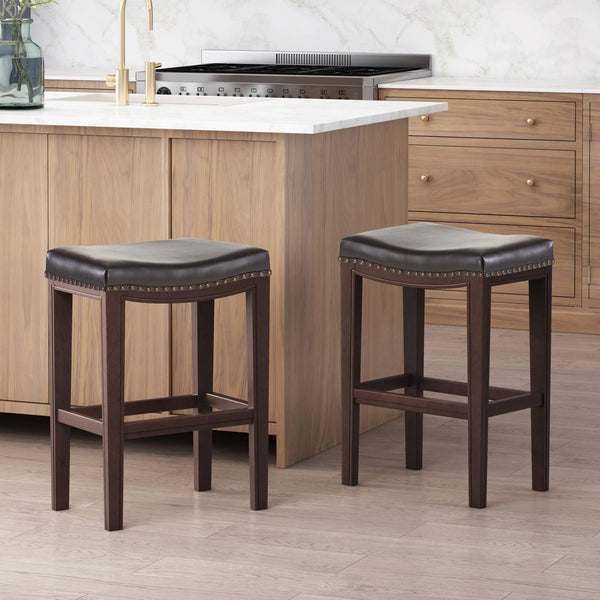 Set of 2 contemporary studded bar stools, rubberwood saddle seat, brown