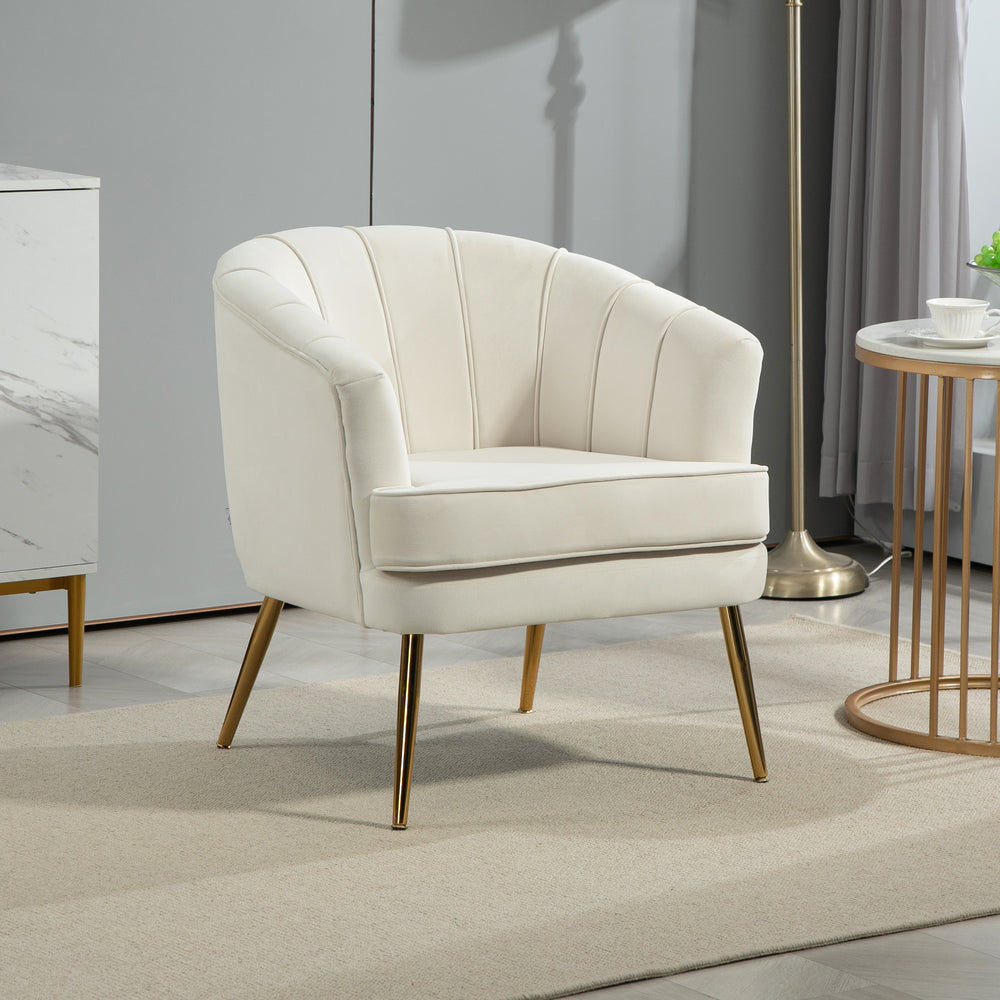 Modern fabric accent chair with gold metal legs, cream white