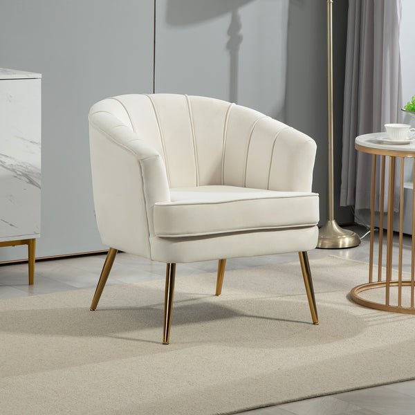 Modern fabric accent chair with gold metal legs, cream white