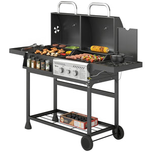 Dual fuel BBQ, charcoal and gas burners, black