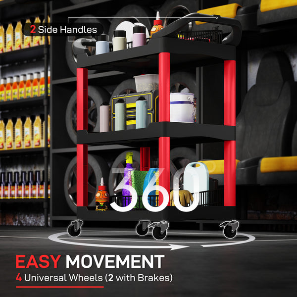 3-tier rolling tool trolley with wheels, 90 kg capacity