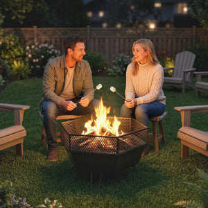 Outdoor Fire Pit 50 cm with Poker and Lid, Portable Fire Pit, Black