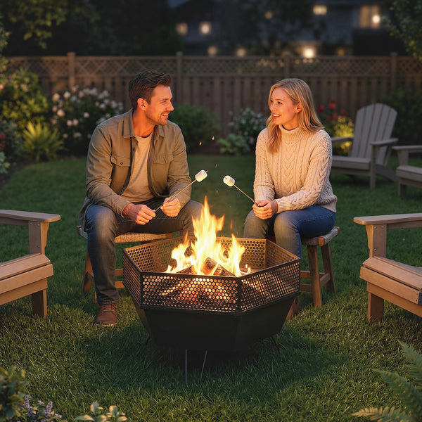 Outdoor Fire Pit 50 cm with Poker and Lid, Portable Fire Pit, Black