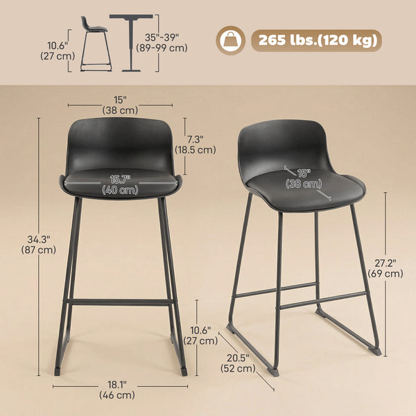 Set of 2 modern faux leather bar stools, counter height, black