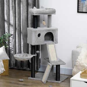47" Cat Tree with Ramp, Hammock, Hanging Toys, Sisal Rope Scratching Post, Light Grey