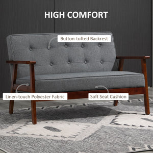 2 seater upholstered sofa with tufted backrest and wooden legs, grey