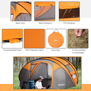 4 Person Camping Tent, Easy to Set Up with Doors, Windows and Carry Bag, Self-Setting, Orange