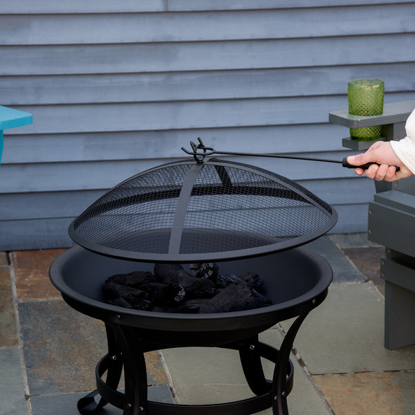 Outdoor Fire Pit with Mesh Cover, Poker, for Camping, Bonfire, Picnic, Black