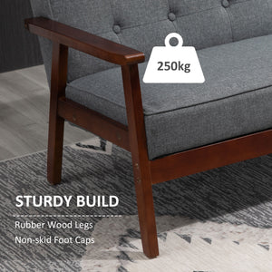 2 seater upholstered sofa with tufted backrest and wooden legs, grey