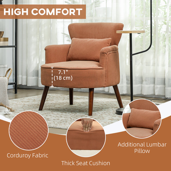 Modern upholstered accent chair with solid wood legs, orange