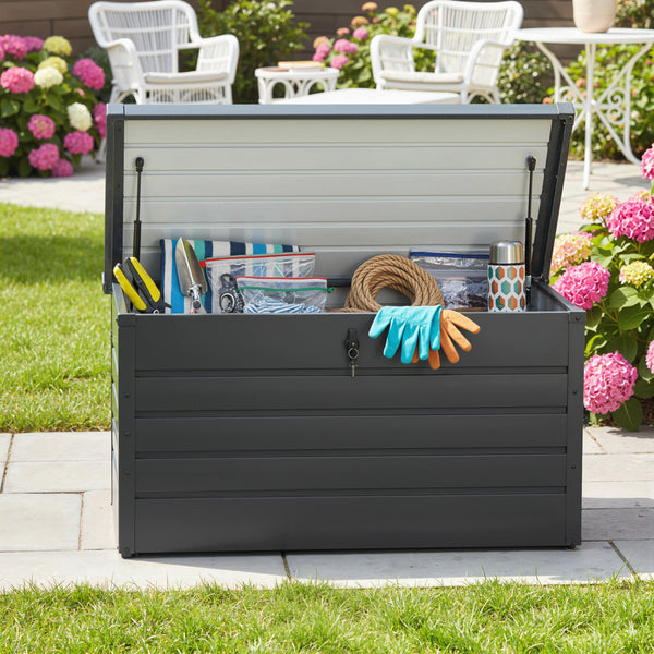 Large garden storage box with lock for pool toys, grey