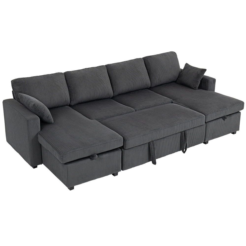 Convertible sofa bed in corduroy, U-shaped with storage chaise, cushions, springs, grey