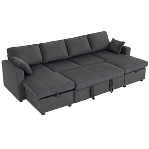 Convertible sofa bed in corduroy, U-shaped with storage chaise, cushions, springs, grey