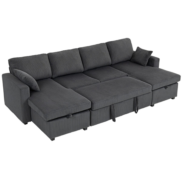 Convertible sofa bed in corduroy, U-shaped with storage chaise, cushions, springs, grey