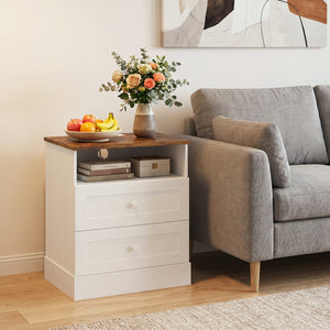 Nightstand with charging station and 2 drawers, set of 2, white and oak