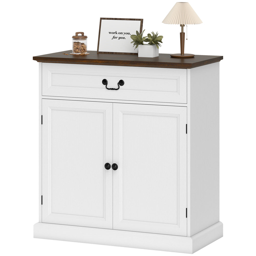 Farmhouse style buffet, thick top, soft-close drawer and adjustable shelf, white wood finish.