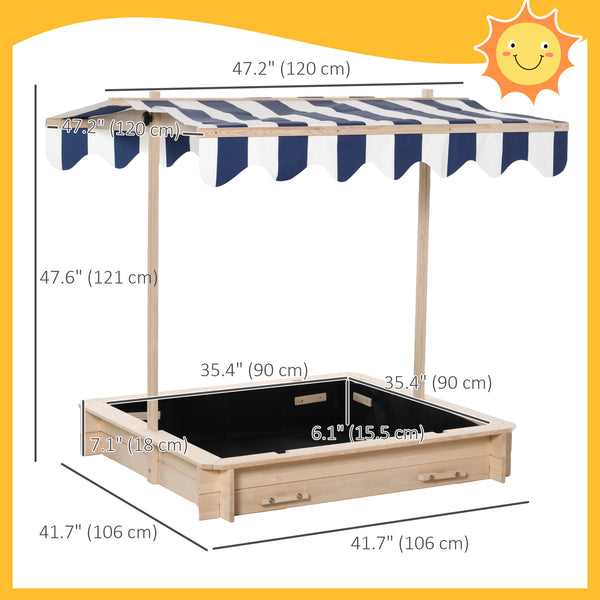 Wooden sandbox with adjustable canopy and convertible bench