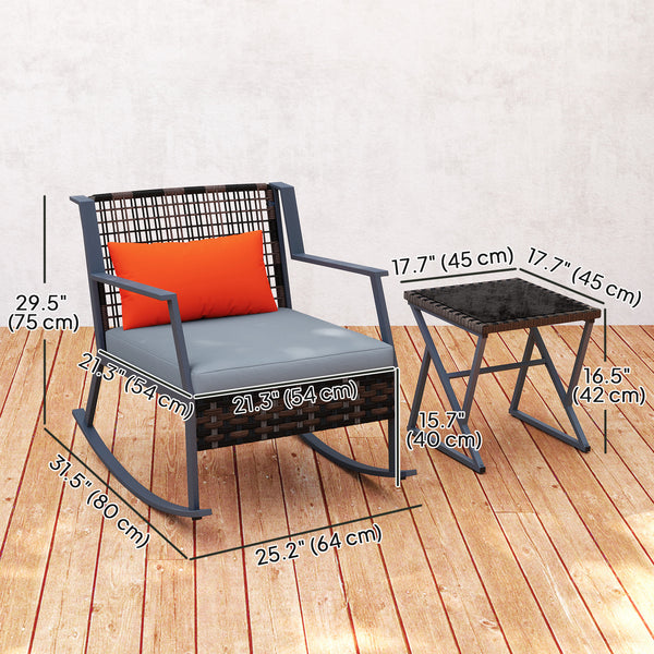 Wicker Rocking Bistro Set with Cushions and Glass Table, Grey