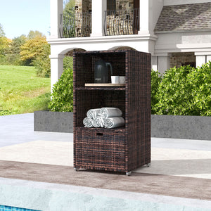 Outdoor storage cabinet in woven rattan with drawer, brown