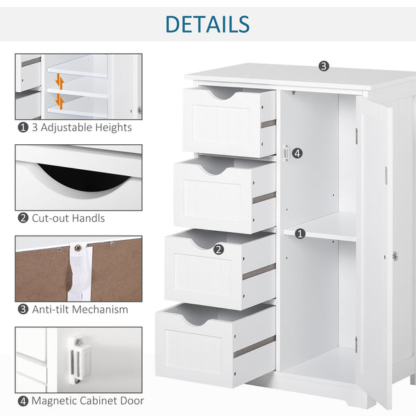 Bathroom storage cabinet with adjustable shelf and 4 drawers, white