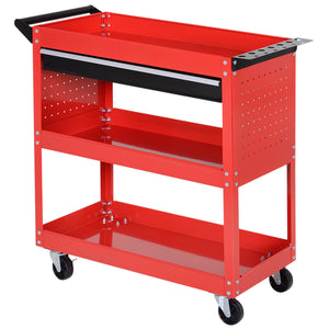 Utility trolley with ball-bearing drawer for garage, warehouse, workshop, red