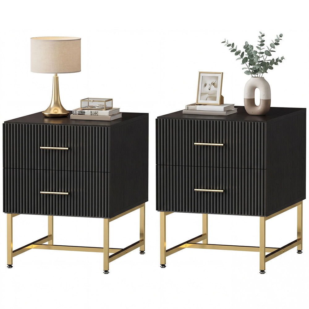 Set of 2 bedside tables with fluted drawers and metal frame – Black and gold